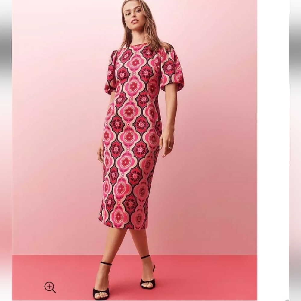 Geo Puff Sleeve Sheath Midi Dress